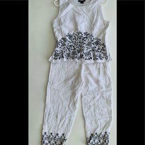 white blouse and pants set all embroidered linen